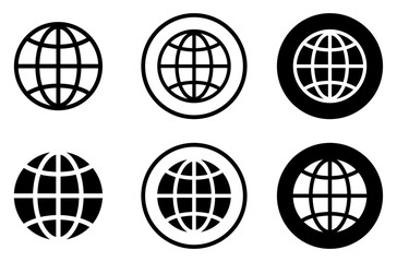 Set of globe vector icons. Globe world icons in flat style. Black and white earth symbol collection with circular Internet and global network designs. Planet earth world map in different variations.