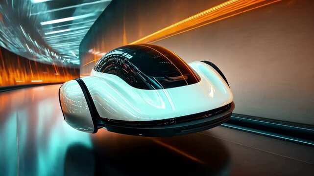Future hovercar levitates above a vibrant urban landscape with dynamic lights, An unmanned hovercar of the future levitates at high speed in abstract space