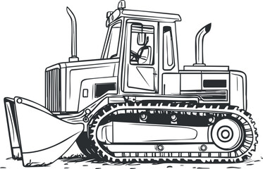 Black and white sketch illustration of a bulldozer construction vehicle with tracks and front blade for earthmoving.