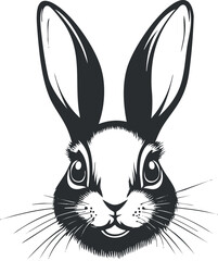 Black and white illustration of a rabbit face with large ears and whiskers, cute and friendly