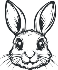 Black and white hand-drawn sketch of a cute rabbit face with large ears and whiskers