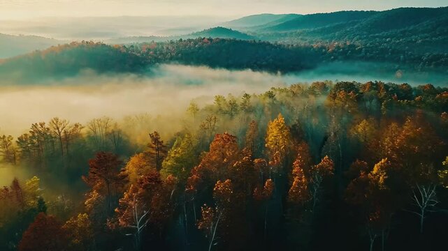 Vibrant fall colors illuminate the forest at sunrise captured by drone, Colorful fall forest sunrise trees via drone aerial over foggy autumn Arkansas ozark mountains