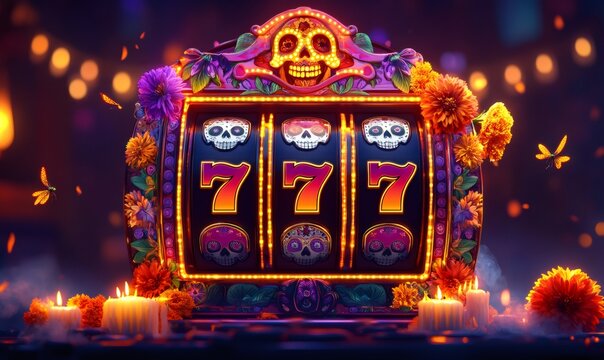 Day of the dead themed slot machine showing three sevens, surrounded by candles, flowers, and butterflies, celebrating luck and fortune in a festive atmosphere