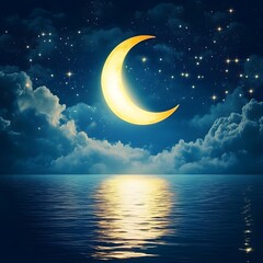 Obraz premium Crescent Moon Over Calm Ocean Night Sky Stars Cloudscape