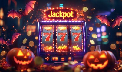 Slot machine showing 777 jackpot surrounded by pumpkins and bats for a halloween gambling theme