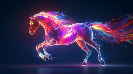 A mystical luminous horse sprints forward its mane trailing in streaks of bright neon generative ai