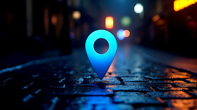 Blue pin symbol for location marking, map navigation for GPS route indication and position marking on route. Visualized graphic destination marker.