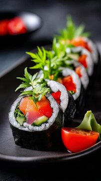 Delicious uramaki sushi displayed on plate