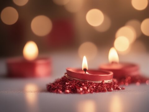 red candles in the form of a garland with bokeh background