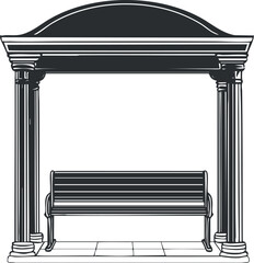 Black and white illustration of a bench under a gazebo with classical columns providing outdoor shelter and seating.