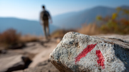 Scenic mountain hiking adventure with red trail marker and hiker in distance