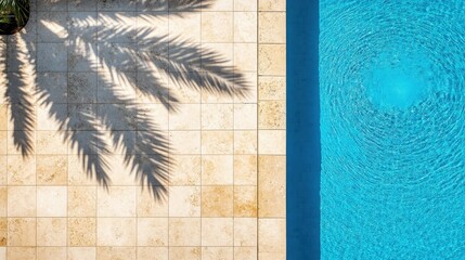 Captivating aerial view of a turquoise swimming pool with palm tree shadows on the tiled deck creating a serene summer scene evoking relaxation and vacation vibes