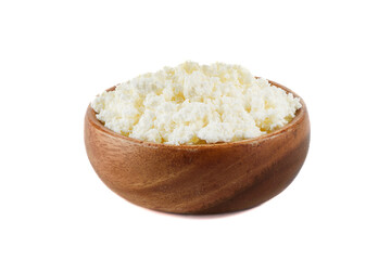 Wooden bowl full of fresh cottage cheese on white background.