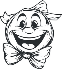 Black and white cartoon illustration of a smiling happy face with a bow tie and bandana