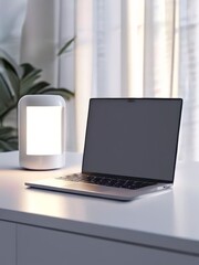 Fototapeta premium modern laptop with blank screen on table in living room. space for text