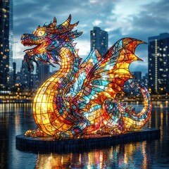 Fototapeta premium Illuminated Stained Glass Dragon Sculpture on Water with Cityscape Backdrop