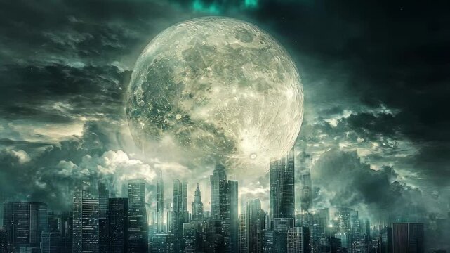 Digital city skyline illuminated by a large moon and surrounded by dark clouds, digital city over moon and dark clouds