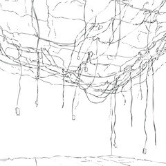 Messy tangled electrical wires and cables hanging from a ceiling in black and white line art