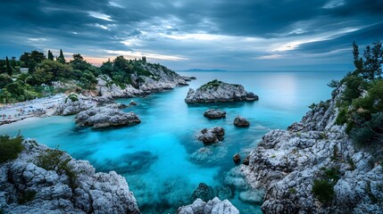Fototapeta premium Stunning Coastal Cliffs Turquoise Sea Beach Sunset Aerial View