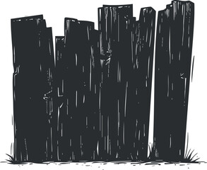 Black and white illustration of old wooden planks arranged vertically resembling a rustic fence or barrier