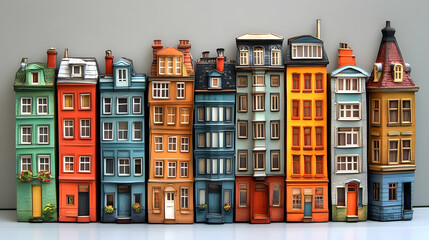 A charming row of colorful miniature buildings, meticulously crafted with various architectural details