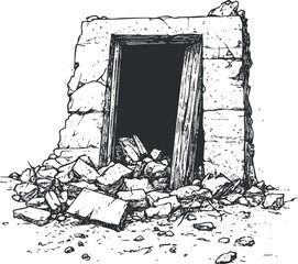 Fototapeta premium Black and white illustration of a ruined stone doorway surrounded by rubble and broken debris