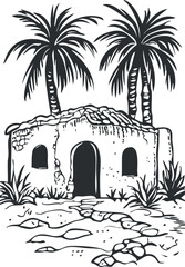 Obraz premium Black and white illustration of an old stone desert hut with palm trees and sand around it