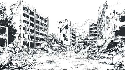 Fototapeta premium Black and white sketch of an urban area with destroyed buildings and debris showing post-apocalyptic ruins.