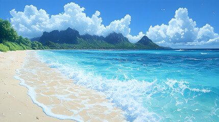 Serene beach scene with turquoise water lapping gentle waves on a sandy shore backed by lush green hills and a cloudy s