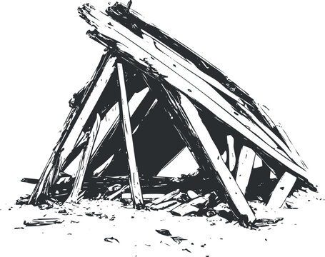Black and white illustration of a primitive wooden lean-to shelter made of logs and sticks, used for outdoor camping or survival purposes