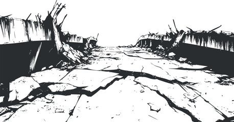 Fototapeta premium Black and white illustration of a cracked and destroyed road with debris and ruins on the sides, depicting devastation and apocalypse.