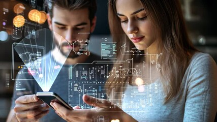 Caucasian couple engaged in data processing with digital diagrams in a modern urban setting, data processing and diagrams over caucasian couple using smartphone - Powered by Adobe