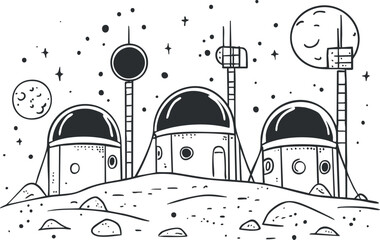 Black and white cartoon illustration of a futuristic moon colony with domed buildings under stars and planets.