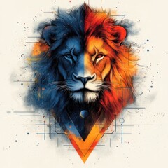Lion Illustration with Split Color Scheme and Geometric Abstract Design