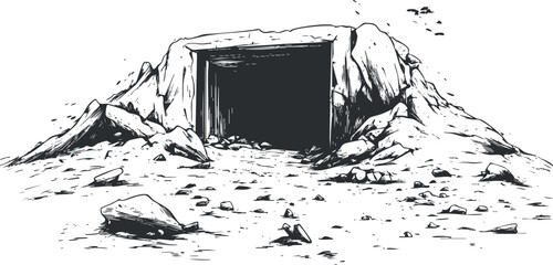 Fototapeta premium Black and white drawing of a rocky cave entrance surrounded by rugged terrain and scattered stones.