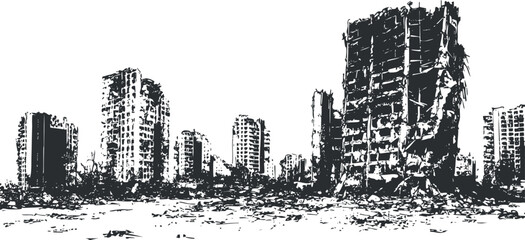 Black and white illustration of a city with destroyed and crumbling buildings in a post-apocalyptic setting