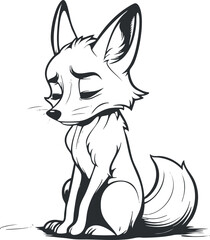 Sad cartoon fox sitting with downcast eyes and expressive face in black and white sketch style