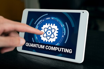 Quantum computing software concept. High level power computer running on a tablet.