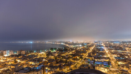 Obraz premium Panoramic skyline of Lima city from above with many buildings aerial night to day transition timelapse. Lima, Peru