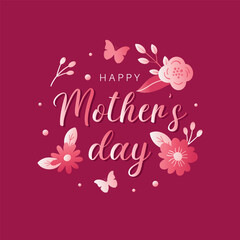 Elegant Mother’s Day vector illustration with floral elements, butterflies, and script typography on red background. Perfect for greeting cards, posters, banners, social media and festive decoration