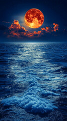 Fototapeta premium Crimson moon over a restless sea, dramatic night sky