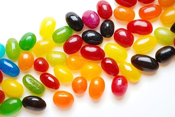 A vibrant rainbow of jelly beans scattered playfully across a white background showcasing their glossy colorful surfaces