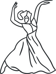 Line art sketch of a female dancer in flowing dress performing an elegant ballet pose