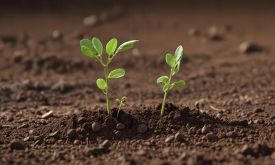 Close-up of a sprouting pea plant emerging from rich soil ,  vibrant,  healthy