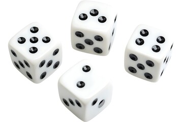 Four white dice with black pips isolated on white background showing different numbers chance luck game gambling