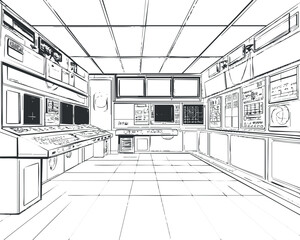 Black and white line drawing of a control room with multiple monitors and control panels for industrial or technical operations