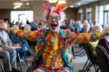 A drag king performing at a senior citizen home, joyful acceptance, lively and heartwarming atmosphere