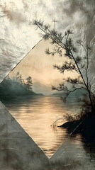 A tranquil lake scene at sunset, framed by a diamond shape and a pine tree.  A hazy, golden light bathes the water and shoreline, with muted tones of gray and beige