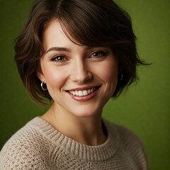 Warm, cheerful middle-aged woman in a casual green sweater, smiling confidently against a plain green background.







