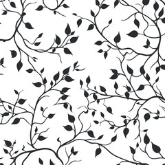 Seamless black and white pattern of branches with leaves creating a decorative botanical background © vadymstock